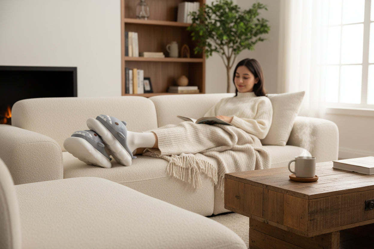 Pantufas de Tubarão Antiderrapantes para Mulher | Sola Grossa de Algodão